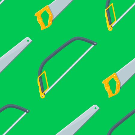 vector colored flat design house remodel instruments tools hacksaw and bowsaw decorative seamless pattern isolated green backgroundのイラスト素材