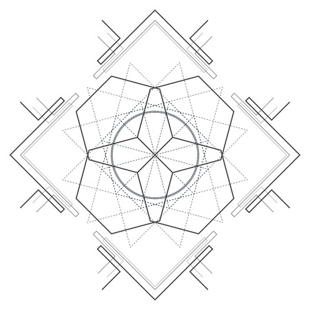 vector contour monochrome design mandala sacred geometry illustration hexagons bhupura isolated white backgroundのイラスト素材