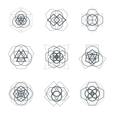 vector monochrome outline design abstract sacred geometric mandalas design elements setのイラスト素材