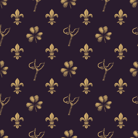 vector monochrome gold hand drawn engraving shamrock slingshot Fleur De Lis illustration on dark brown isolated background deco seamless patternのイラスト素材
