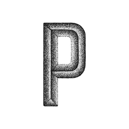 vector black monochrome vintage ink hand drawn dot work retro tattoo style engraving volumetric letter P isolated white backgroundのイラスト素材
