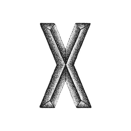 vector black monochrome vintage ink hand drawn dot work retro tattoo style engraving volumetric letter X isolated white backgroundのイラスト素材