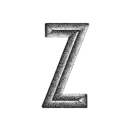 vector black monochrome vintage ink hand drawn dot work retro tattoo style engraving volumetric letter Z isolated white backgroundのイラスト素材