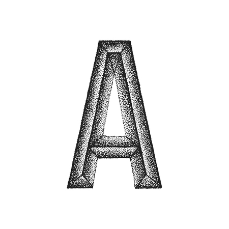 vector black monochrome vintage ink hand drawn dot work retro tattoo style engraving volumetric letter A isolated white backgroundのイラスト素材