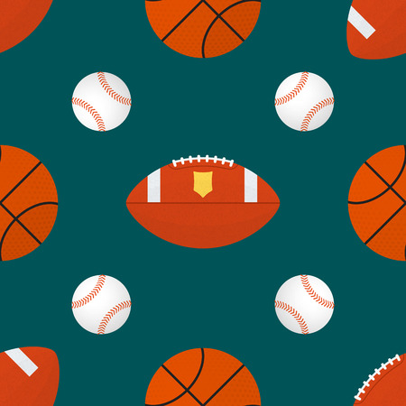 vector colorful flat design american football baseball basketball various playing sport balls dark teal background deco seamless patternのイラスト素材