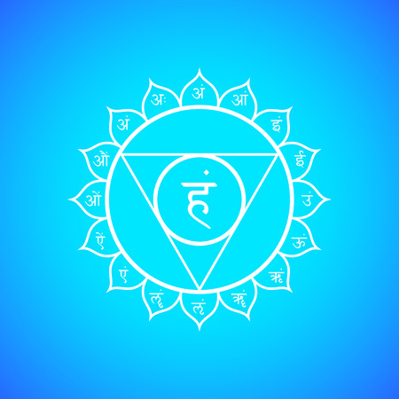 Vector fifth Vishuddha throat chakra with hinduism sanskrit seed mantra Ham and syllables on lotus petals. Outline contour white monochrome symbol with isolated colored blue background for meditation, yoga and energy spiritual practices.
のイラスト素材