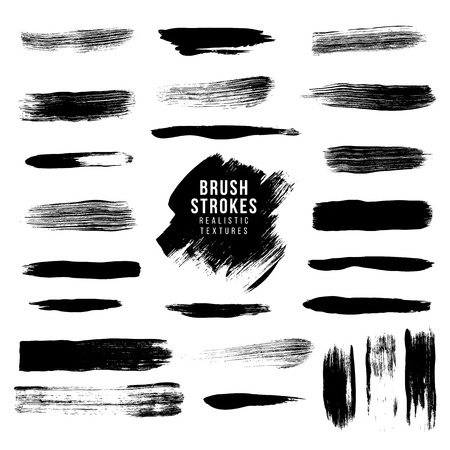 vector hand drawn various black monochrome paint brush strokes smears decorative dirty artistic realistic texture elements set isolated on white backgroundのイラスト素材