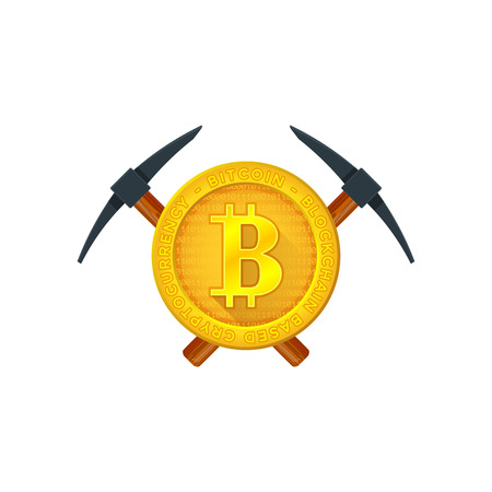 vector colorful flat design crossed mining picks with gold coin crypto currency sign bitcoin logo template illustration isolated white backgroundのイラスト素材