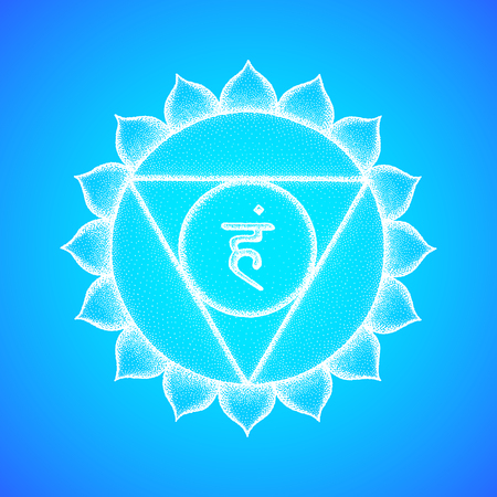 Vector fifth Vishuddha throat chakra sanskrit seed mantra Ham hinduism syllable lotus petals. Dot work tattoo style hand drawn white monochrome symbol on light blue background for yoga meditationのイラスト素材