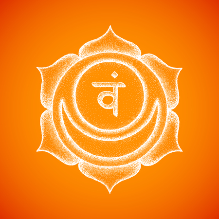 Vector second Svadhishthana sacral chakra sanskrit seed mantra Vam hinduism syllable lotus petals. Dot work tattoo style hand drawn white monochrome symbol on orange background for yoga practices.のイラスト素材