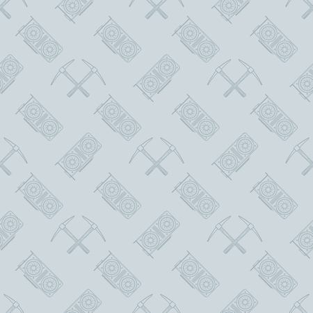 vector monochrome outline style design GPU red and green graphic processing units crypto currency gold crossed mining picks illustrations isolated grey background seamless decoration patternのイラスト素材