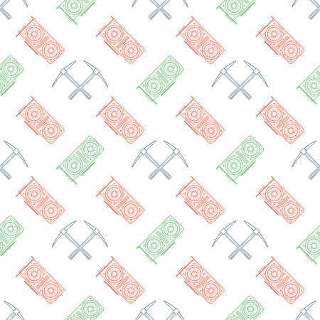 vector colorful outline style design GPU red and green graphic processing units crypto currency gold crossed mining picks illustrations isolated white background seamless decoration patternのイラスト素材