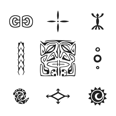 vector black monochrome ink hand drawn native polynesian folk art symbols Tiki, Ipu, Tapa flower, Enata, spear heads, Kautupa, fern, birds net, sun illustrations isolated white background  のイラスト素材
