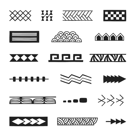 vector black monochrome ink hand drawn native polynesian folk art symbols stroke patterns birds net, tuna, cord, nuqa, vetau, fish scale, turtle shell, sea waves, plant leaves, path, birds, spear illustrations isolated white background  
のイラスト素材