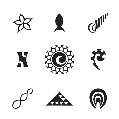 vector black monochrome ink hand drawn native polynesian folk art symbols sun, frangipani flower, fish, sea shell, Vai o Kena, fern, triple twist, shark teeth, ipu illustrations isolated white background  のイラスト素材