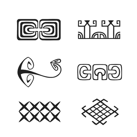 vector black monochrome ink hand drawn native polynesian folk art symbols double ipu, Pohu, hammerhead shark, Pahito pokaka, shrimps, birds net illustrations isolated white background  
のイラスト素材