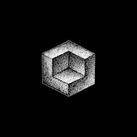 vector monochrome white retro dot art hand drawn cubical geometric volumetric blackwork design element vintage tattoo style decoration isolated shape illustration black backgroundのイラスト素材