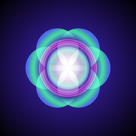 vector airy green violet transparent ornament design abstract mandala sacred geometry illustration seed of life isolated on dark backgroundのイラスト素材