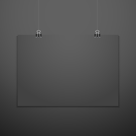 vector horizontal black empty poster suspended on office clamps mock up realistic shadow blank template isolated black backgroundのイラスト素材