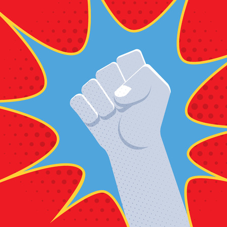 vector symbolic raised clenched power fist male hand protest concept blue kick sign vintage illustration retro pop art poster design isolated on red dotted backgroundのイラスト素材