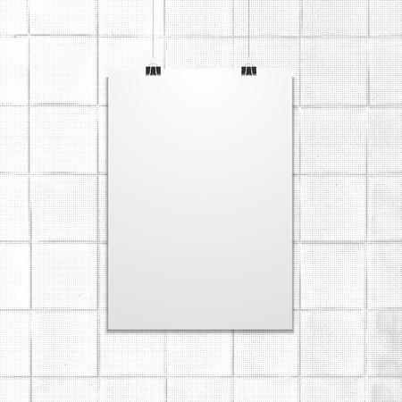 vector vertical white empty poster suspended on office clamps mock up realistic shadow blank template isolated dark square ceramic tile texture background
のイラスト素材