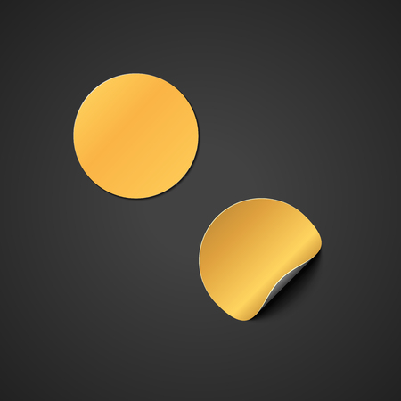 vector gold mock up paper circle round warped peel off corner sticker illustration realistic with shadow template design isolated on black backgroundのイラスト素材