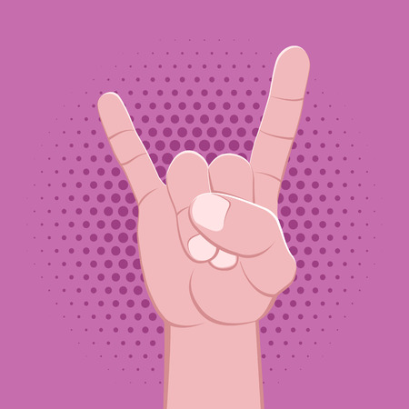 vector rock symbolic crossed fingers male palm hand goat gesture concept sign vintage illustration retro poster design isolated on violet pink dotted background
のイラスト素材