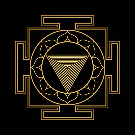 vector design shiny gold Tripura Bhairavi aspect Yantra Dasa Mahavidya sacred geometry divine mandala illustration bhupura lotus petals isolated black backgroundのイラスト素材