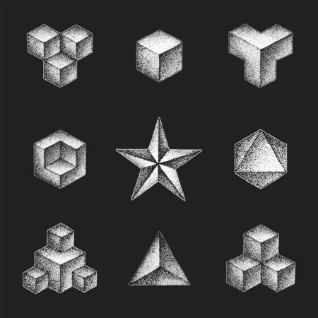 vector monochrome white retro dot art hand drawn cubical geometric volumetric blackwork design elements vintage tattoo style decoration isolated shape collection illustration black backgroundのイラスト素材