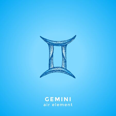 vector ink hand drawn dotwork tattoo style vintage design Gemini zodiac sign air element illustration isolated blue backgroundのイラスト素材