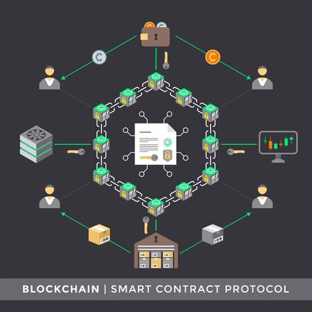 vector smart contract protocol algorithm distributed network principal scheme infographic blockchain technology digital business concept illustrationのイラスト素材