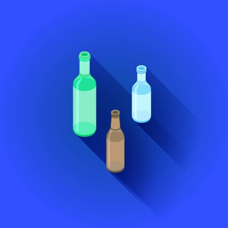 vector isometric design green white brown glass alcohol empty bottles set isolated illustration blue backgroundのイラスト素材