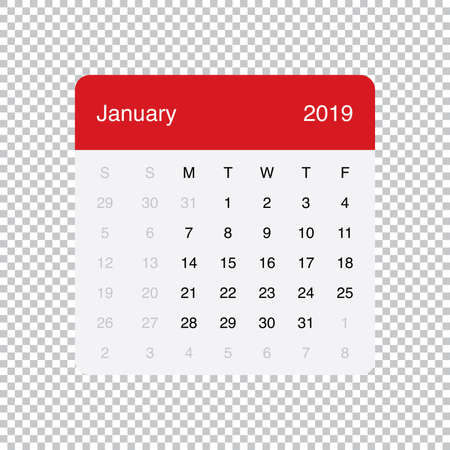 Calendar January 2019 Clean Minimal Table Simple Design. Basic Grid with a light grey background. Week Starts on Monday.のイラスト素材