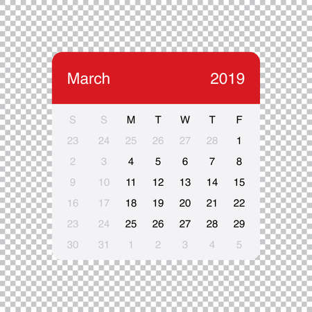 Calendar March 2019 Clean Minimal Table Simple Design. Basic Grid with a light grey background. Week Starts on Monday.のイラスト素材