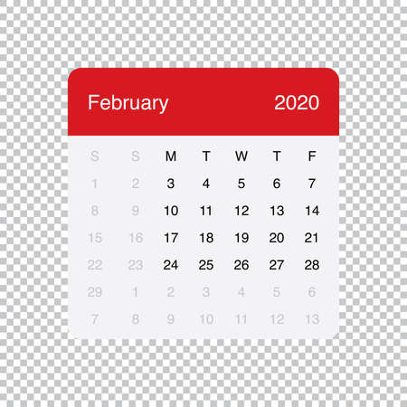 Calendar February 2020 Clean Minimal Table Simple Design. Basic Grid with a light grey background. Week Starts on Monday.のイラスト素材