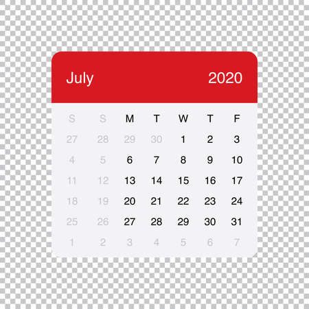 Calendar July 2020 Clean Minimal Table Simple Design. Basic Grid with a light grey background. Week Starts on Monday.のイラスト素材