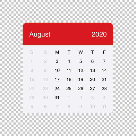 Calendar August 2020 Clean Minimal Table Simple Design. Basic Grid with a light grey background. Week Starts on Monday.のイラスト素材