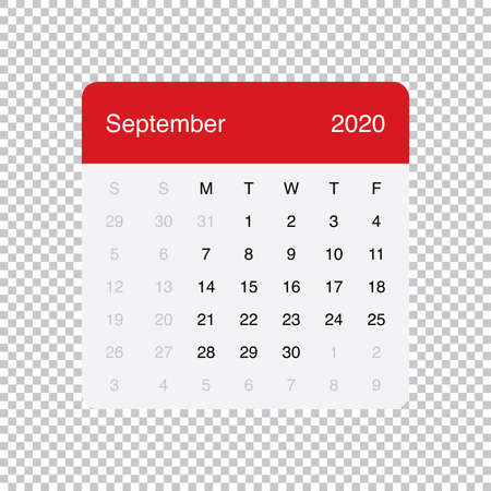 Calendar September 2020 Clean Minimal Table Simple Design. Basic Grid with a light grey background. Week Starts on Monday.のイラスト素材