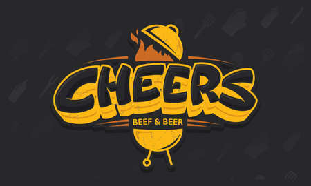 Cheers lettering vector logo sketch with grill bbq and beer beefのイラスト素材