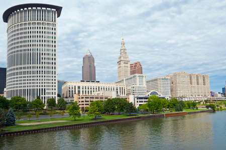 Cleveland, OH/USA - September 6, 2020: Skyline of downtown Cleveland, Ohio on a summer sunny day with Key tower, Terminal Tower and 200 Public Square skyscraperのeditorial素材