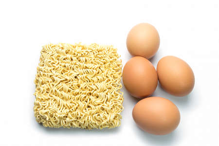 Noodle, Instant noodles and eggs isolated on white backgroundの写真素材