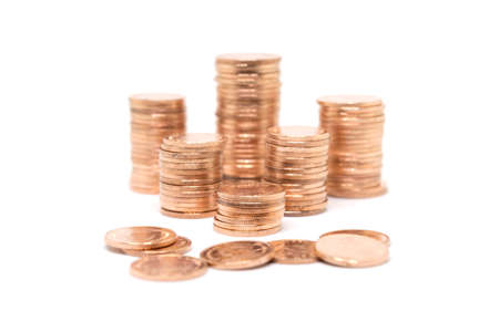 coin, bronze coin stack isolated on white backgroundの写真素材