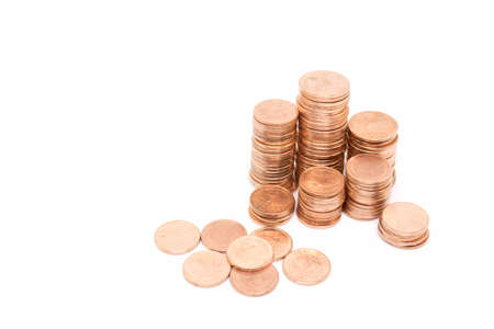 coin, bronze coin stack isolated on white backgroundの写真素材