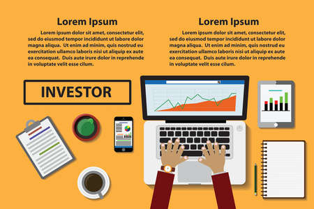 Office desk, Laptop and other office supply top view vector illustration and EPS10のイラスト素材