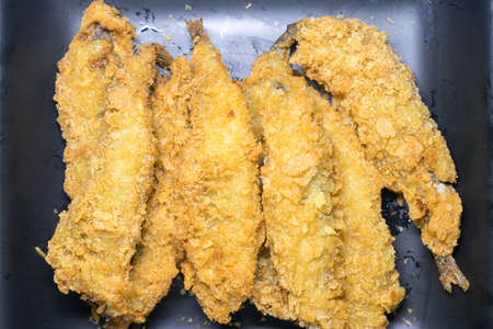 Batter fried fish in egg on black plateの写真素材