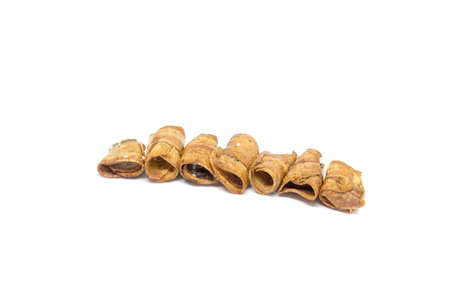 Caramel banana chips isolated on white backgroundの写真素材