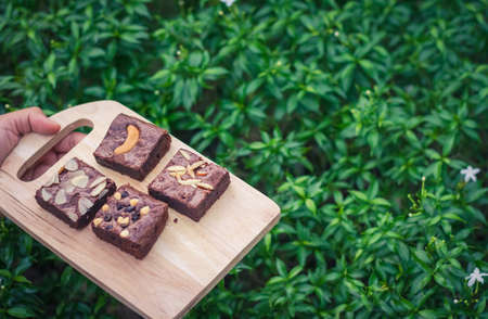 Fudge brownies on wooden plate and top viewの写真素材