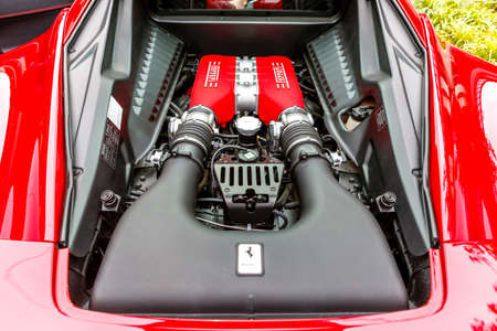 Redmond, WA - April 29, 2017: Engine of Ferrari at Exotic car show at Redmond Town Center. The Largest Weekly Gathering Of Exotic Cars In The USA.のeditorial素材