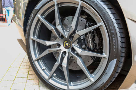 REDMOND, WA - APRIL 29, 2017: Logo of Lamborghini on wheel at Exotic car show at Redmond Town Center. The Largest Weekly Gathering Of Exotic Cars In The USA.のeditorial素材