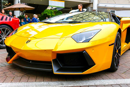 REDMOND, WA - APRIL 29, 2017: Yellow Lamborghini at Exotic car show at Redmond Town Center. The Largest Weekly Gathering Of Exotic Cars In The USA.のeditorial素材